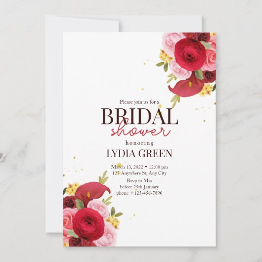 Bruidsdouche uitnodiging Rood Bloemen Vrijgezellen (Voorkant)