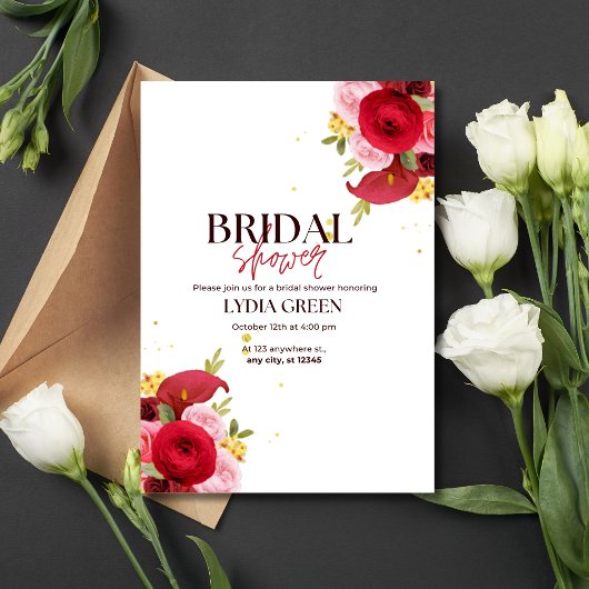 Bruidsdouche uitnodiging Rood Bloemen Vrijgezellen