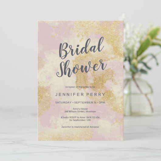 Bruidsdouche uitnodiging - Roze gouden glitter (Staand voorkant)