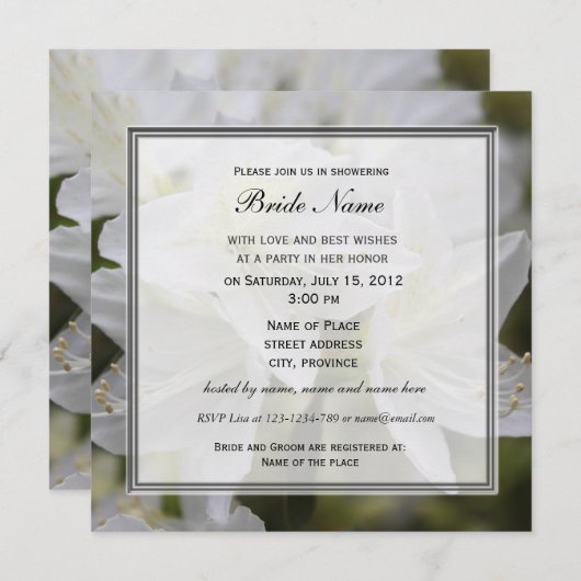 Bruidsdouche uitnodiging, witte azalea bloemen kaart (Voorkant / Achterkant)