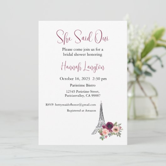 Bruidsdouche uitnodiging, ze zei oui ja kaart (Staand voorkant)