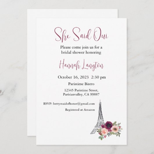 Bruidsdouche uitnodiging, ze zei oui ja kaart (Voorkant / Achterkant)