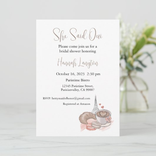 Bruidsdouche uitnodiging, ze zei oui ja kaart (Staand voorkant)