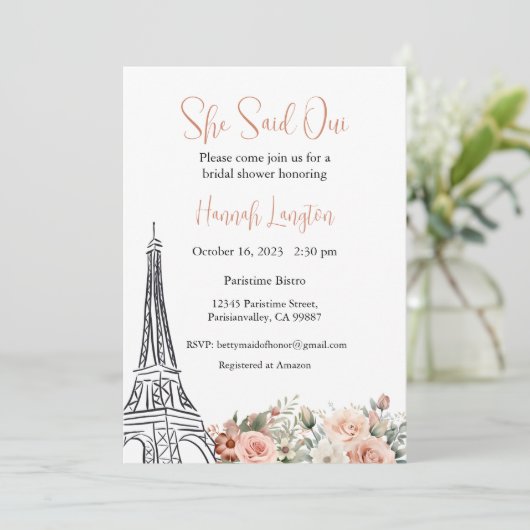 Bruidsdouche uitnodiging, ze zei oui ja kaart (Staand voorkant)