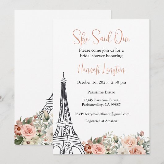 Bruidsdouche uitnodiging, ze zei oui ja kaart (Voorkant / Achterkant)