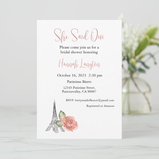 Bruidsdouche uitnodiging, ze zei oui ja kaart (Staand voorkant)