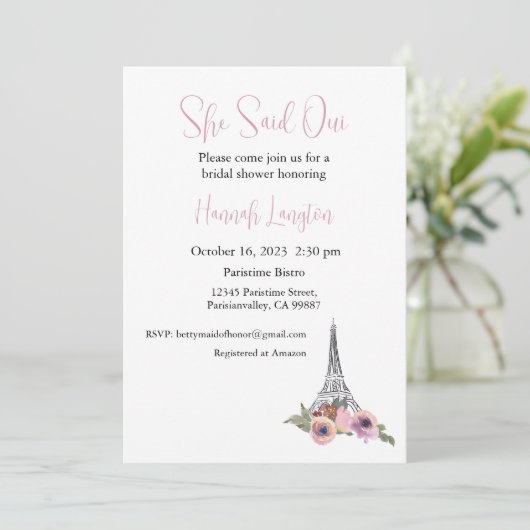 Bruidsdouche uitnodiging, ze zei oui ja kaart (Staand voorkant)