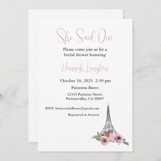 Bruidsdouche uitnodiging, ze zei oui ja kaart (Voorkant / Achterkant)