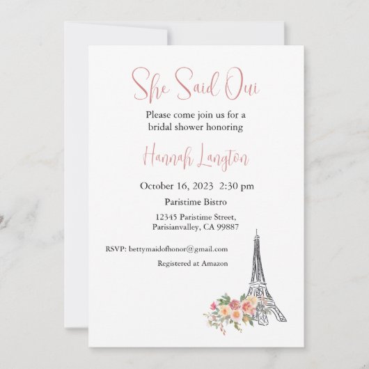 Bruidsdouche uitnodiging, ze zei oui ja kaart (Voorkant)
