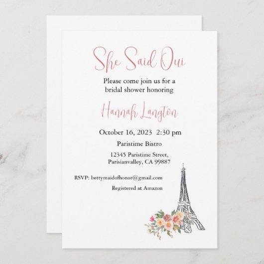 Bruidsdouche uitnodiging, ze zei oui ja kaart (Voorkant / Achterkant)