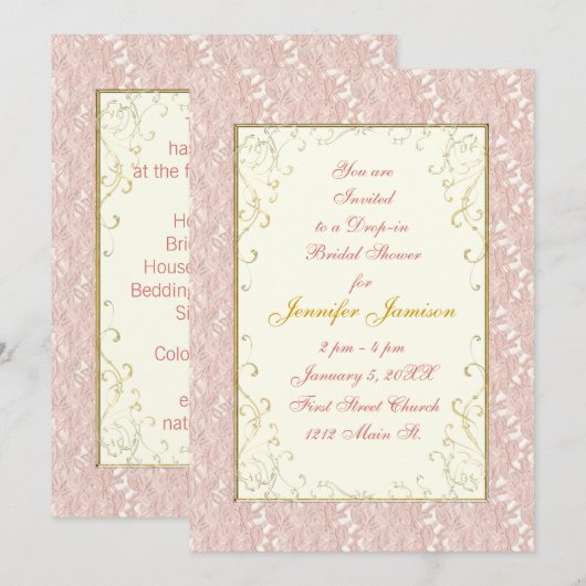 Bruidsdouche uitnodigingen Roze kant, Ivoor, Goud (Voorkant / Achterkant)