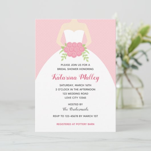 Bruidsdouche uitnodigingen (Trouwjurk in roze) (Staand voorkant)