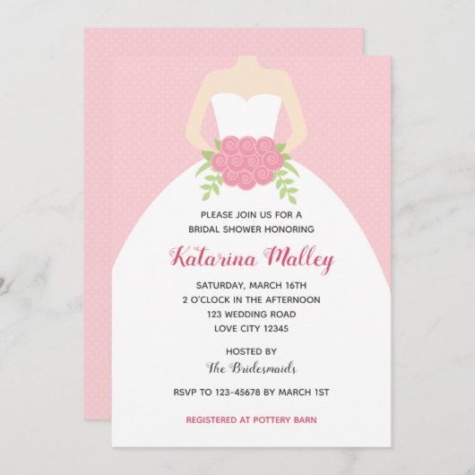 Bruidsdouche uitnodigingen (Trouwjurk in roze) (Voorkant / Achterkant)