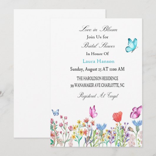 Bruidsdouche Uitnodigingsvlinders blauw/paarse Kaart (Voorkant / Achterkant)