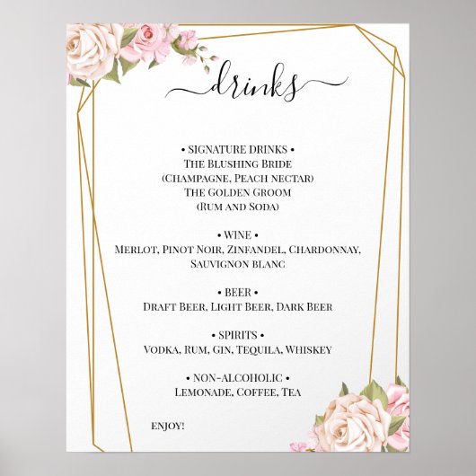 Bruidsdranken Menu Bord met Bloemrozen Poster (Voorkant)