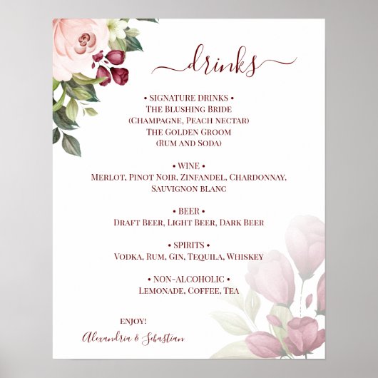 Bruidsdranken Menu Bord met Bloemrozen Poster (Voorkant)