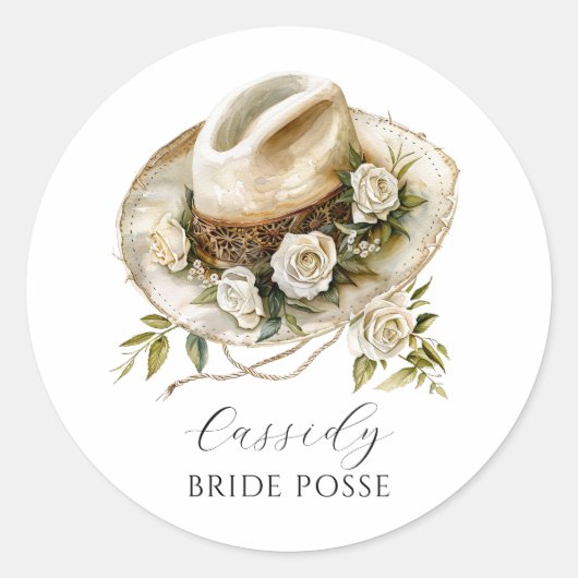 Bruidsentourage Bloem Cowgirl Hoed Aangepaste Naam Ronde Sticker (Voorkant)