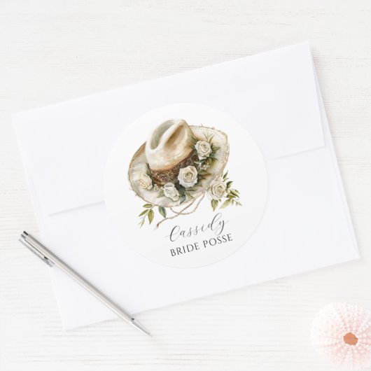 Bruidsentourage Bloem Cowgirl Hoed Aangepaste Naam Ronde Sticker (Envelop)
