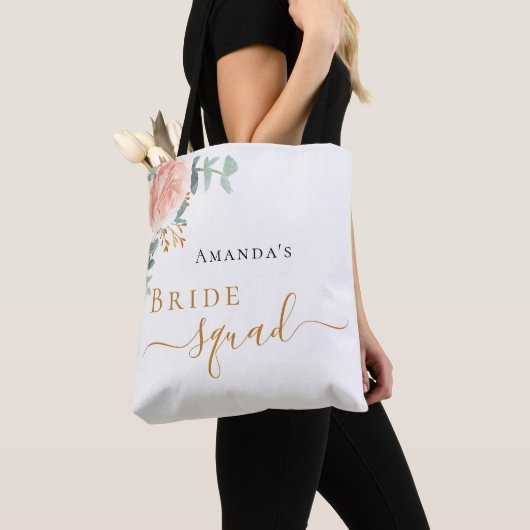 Bruidsentourage roze goud bloemige eucalyptus groe tote bag (Dichtbij)