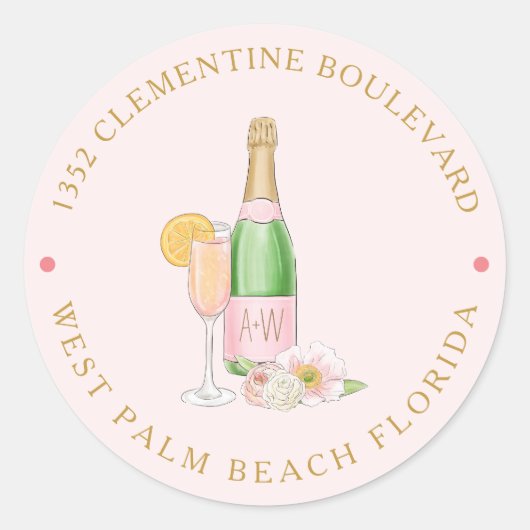 Bruidsfeest adres label met bloemmotief en champag (Voorkant)