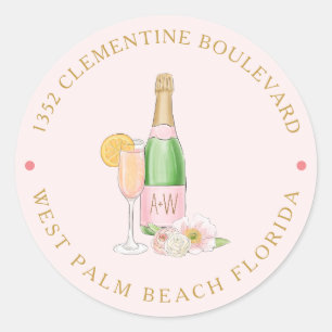 Bruidsfeest adres label met bloemmotief en champag