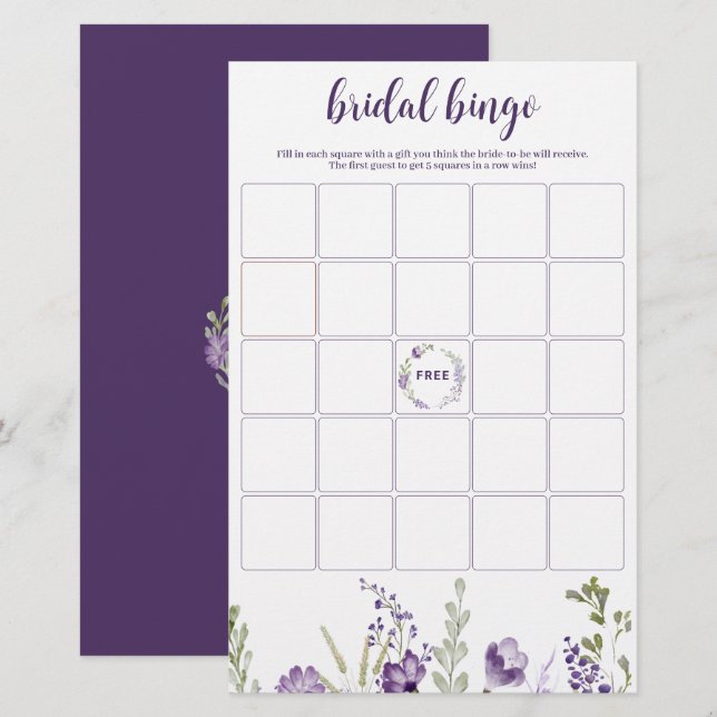 Bruidsfeest Bingo Spel Paarse Lavendel Bloemen (Voorkant / Achterkant)