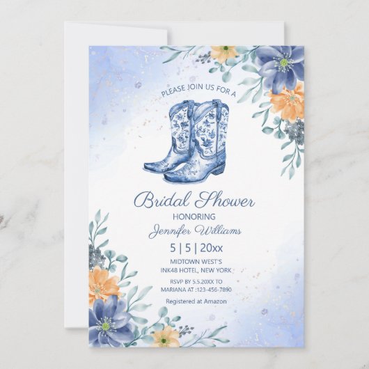 bruidsfeest blauwe cowboylaarzen bloemen western kaart (Voorkant)