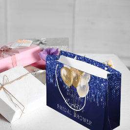 Bruidsfeest blauwe gouden glinsterende druipballon groot cadeauzakje