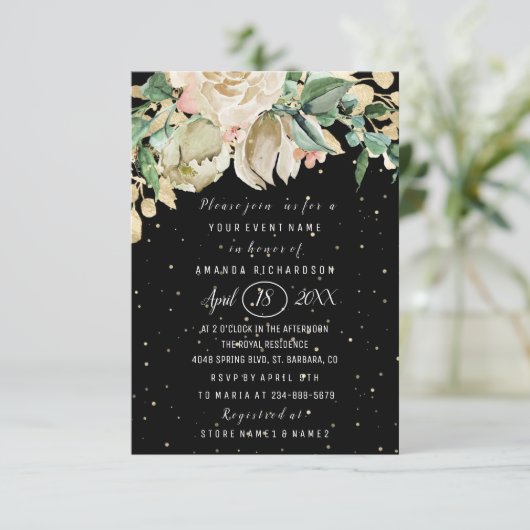 Bruidsfeest bloemen brunch mint zwarte confetti kaart (Staand voorkant)