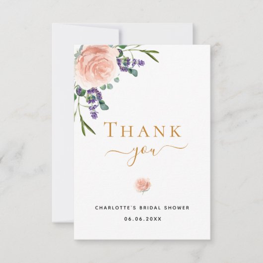 Bruidsfeest bloemendecor roze goud roze lavendel bedankkaart (Voorkant)