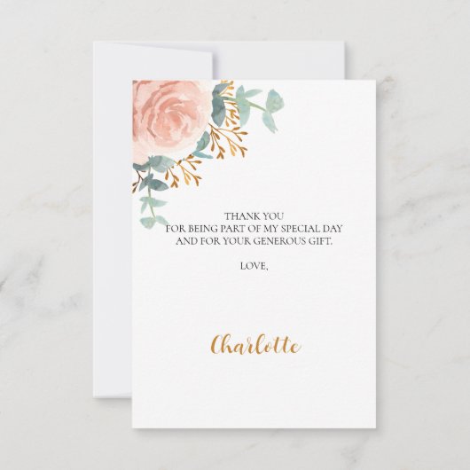 Bruidsfeest bloemige eucalyptus roze gouden roze bedankkaart (Achterkant)