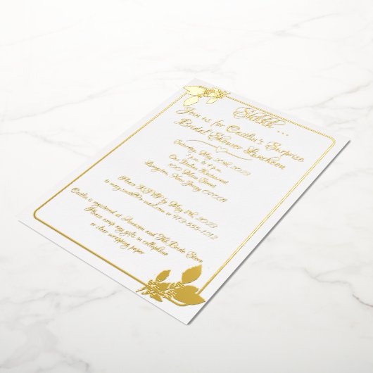 Bruidsfeest bloemmotief, Elegant Wit, Goud Folie Uitnodiging (Gedraaid)