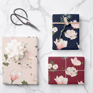 Bruidsfeest bloempatroon Navy Bourgondië Roze Inpakpapier Vel