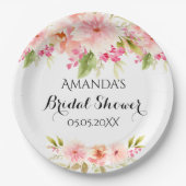 Bruidsfeest blozend roze bloemen witte naam papieren bordje (Voorkant)