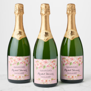 Bruidsfeest blozende roze bloemen naam sparkling wijnetiket