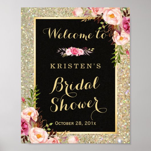 Bruidsfeest bord goud glitters bloemen poster (Voorkant)