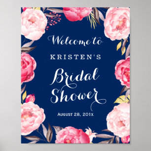 Bruidsfeest bord modern marineblauwe bloemenkrans poster