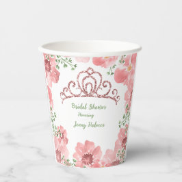 Bruidsfeest bruidskroon met roze glitters en rozen papieren bekers