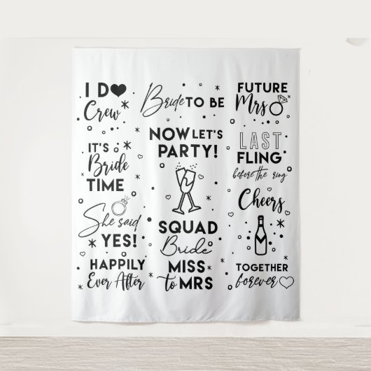 Bruidsfeest bruidspaar zwartetekst photobooth Acht Wandkleed (Voorkant)