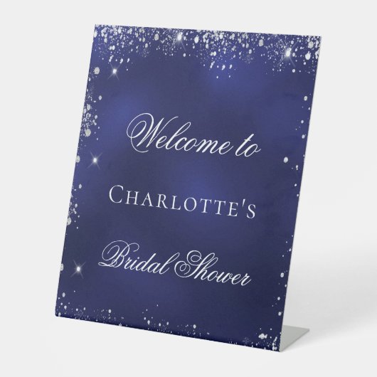 Bruidsfeest bruiloft marineblauw zilver glitters w reclamebord met voetstuk (Voorkant)