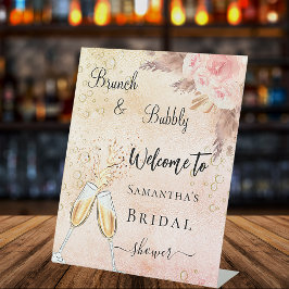 Bruidsfeest bruisende brunch roze bloemen welkom reclamebord met voetstuk