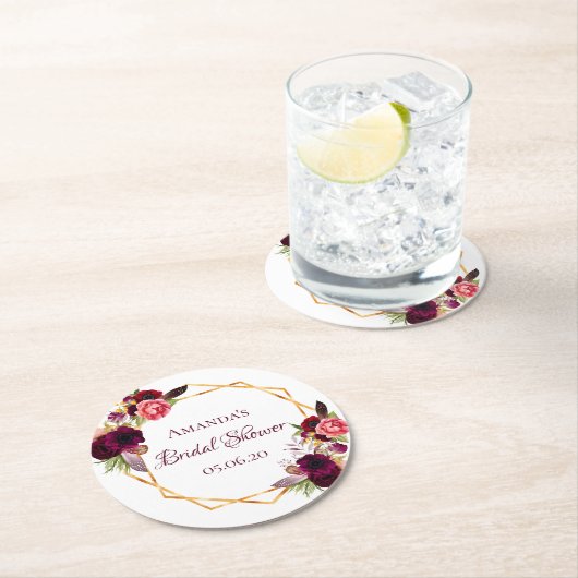Bruidsfeest burgundy bloemen geometrisch goud ronde kartonnen onderzetter (Insitu)