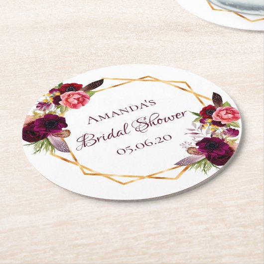 Bruidsfeest burgundy bloemen geometrisch goud ronde kartonnen onderzetter (Gebogen)