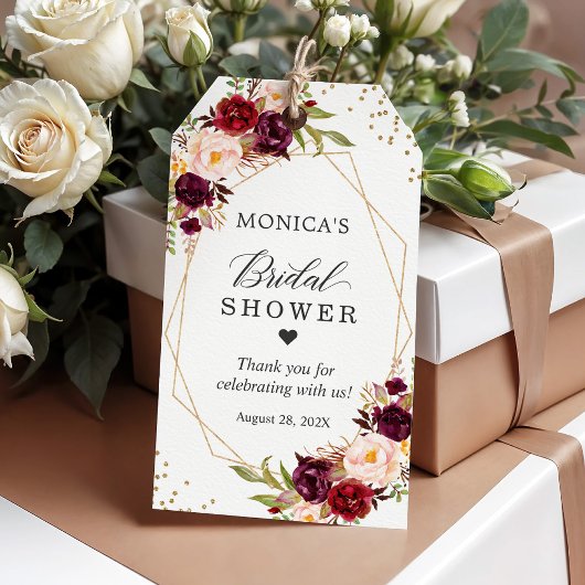 Bruidsfeest Burgundy Rode Bloemen Gouden Frame Cadeaulabel