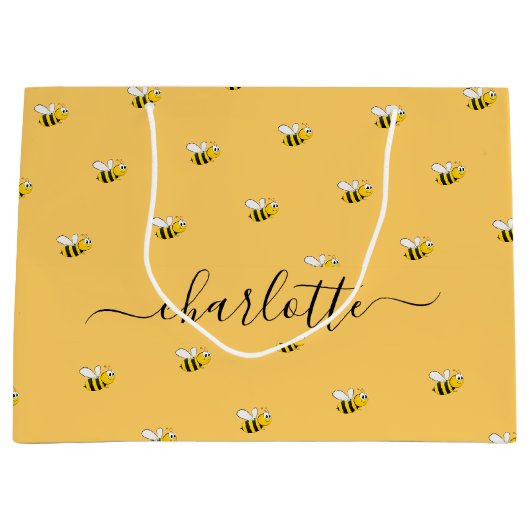 Bruidsfeest cadeau met monogram van vrolijke bijen groot cadeauzakje (Voorkant)