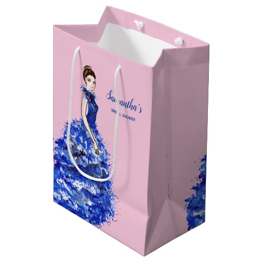 Bruidsfeest cadeautje dame met glinsterende blauwe medium cadeauzakje (Voorkant Gekanteld)