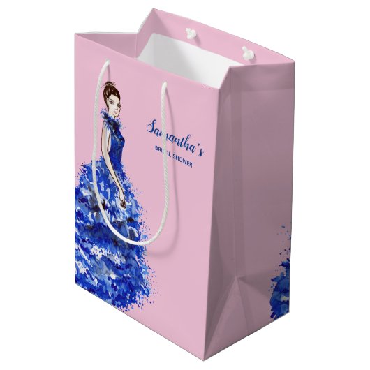 Bruidsfeest cadeautje dame met glinsterende blauwe medium cadeauzakje (Achterkant Gekanteld)