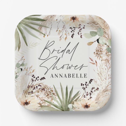 Bruidsfeest dank je moderne pampagras bladgroen papieren bordje (Voorkant)