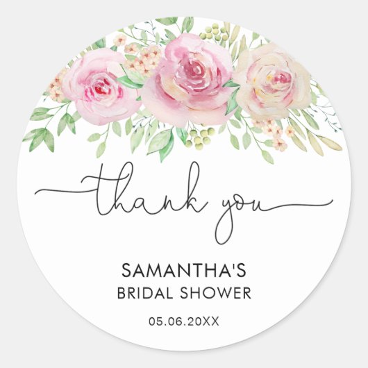 Bruidsfeest Dankjewel met Elegante Rozen Ronde Sticker (Voorkant)