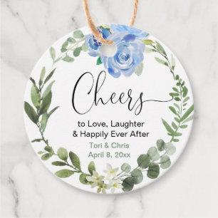 Bruidsfeest decoratie groen blauwe bloemen bedankjes labels